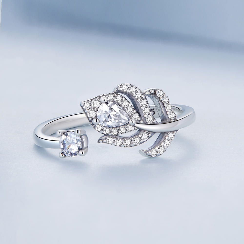 Solid 925 Signature Silver Crystal Feather Open Cut Ring - Image 3