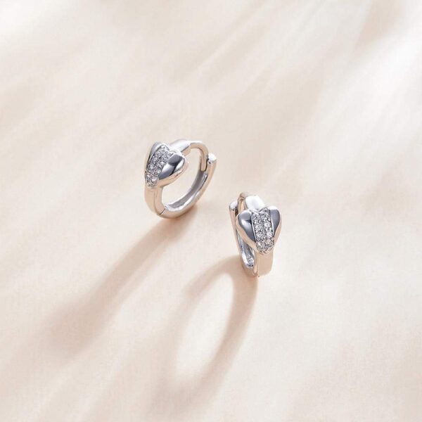 Solid 925 Sterling Silver Cubic Zirconia Middle Paved Heart Shaped Hoop Earrings - Image 3