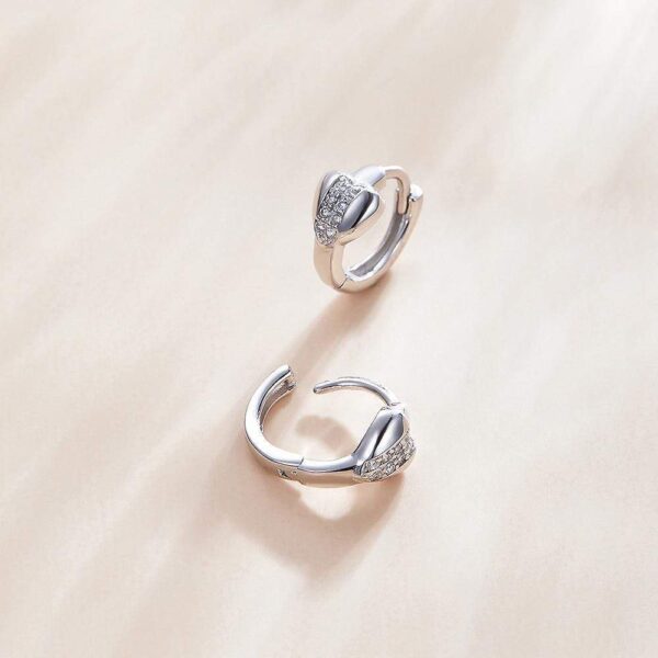 Solid 925 Sterling Silver Cubic Zirconia Middle Paved Heart Shaped Hoop Earrings - Image 4
