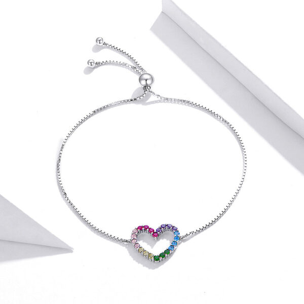 Solid 925 Sterling Silver Heart Shaped Rainbow Color Slider Bracelet - Image 3