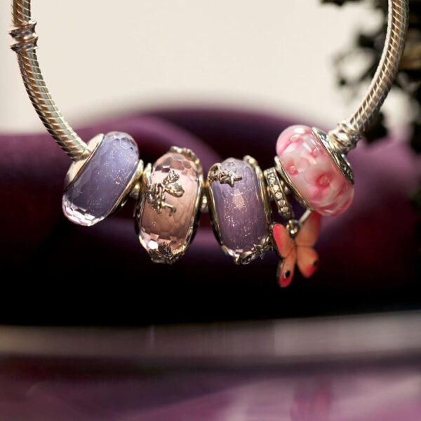 Solid 925 Sterling Silver Peach Blossom Inclusion Murano Glass Charm - Image 6