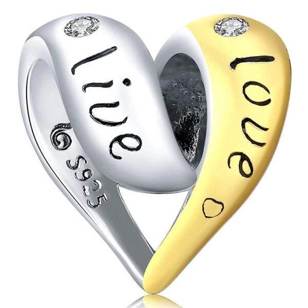 Solid 925 Sterling Silver Live Love Kiss Laugh Heart Pandora Inspired Charm