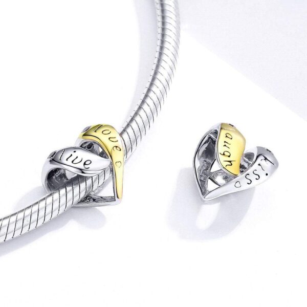 Solid 925 Sterling Silver Live Love Kiss Laugh Heart Pandora Inspired Charm - Image 3