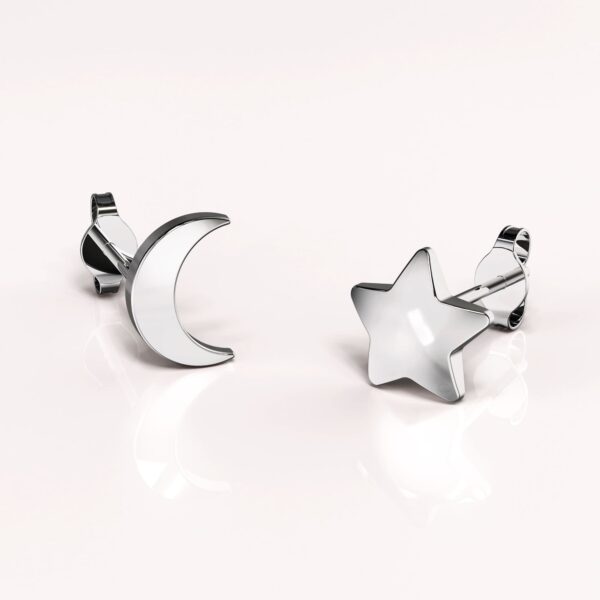 Solid 925 Sterling Silver Crescent Moon and Star Stud Earrings - Image 2