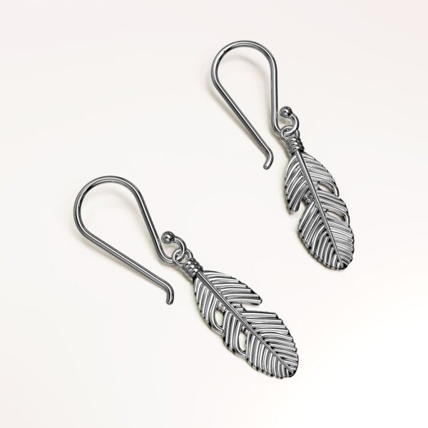 Solid 925 Sterling Silver Oxidised Feather Dangle Earrings - Image 2