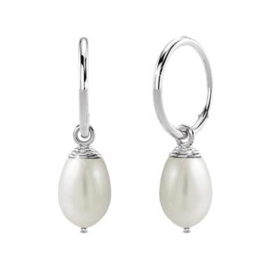 Solid 925 Sterling Silver Raindrop Pearl Hoop Earrings