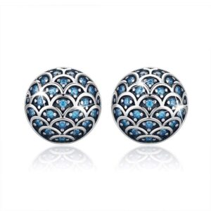 Solid 925 Sterling Silver Blue Mermaid Scale Earrings
