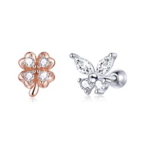 Solid 925 Sterling Silver Mismatch Butterfly Clover Zirconias Cartilage Earrings