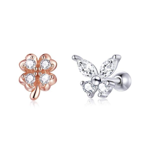 Solid 925 Sterling Silver Mismatch Butterfly Clover Zirconias Cartilage Earrings