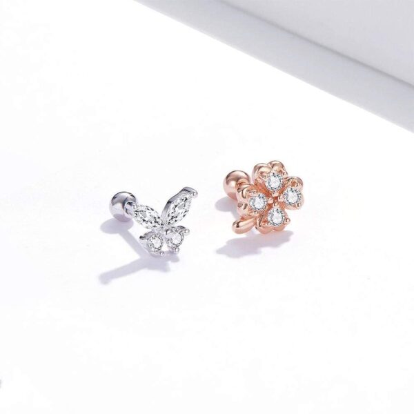 Solid 925 Sterling Silver Mismatch Butterfly Clover Zirconias Cartilage Earrings - Image 3
