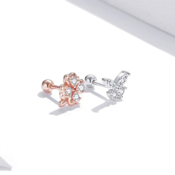 Solid 925 Sterling Silver Mismatch Butterfly Clover Zirconias Cartilage Earrings - Image 4