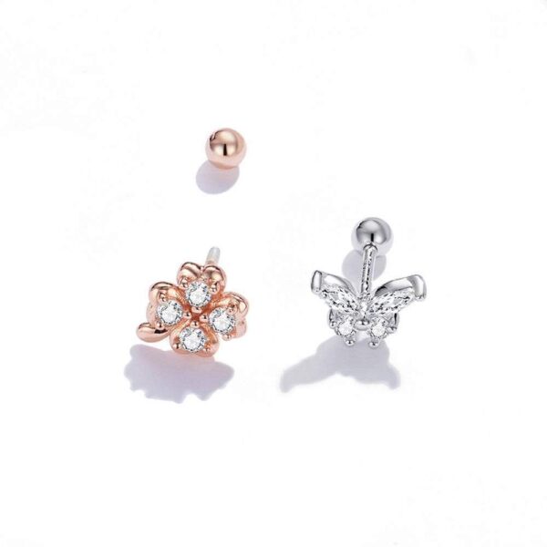 Solid 925 Sterling Silver Mismatch Butterfly Clover Zirconias Cartilage Earrings - Image 5