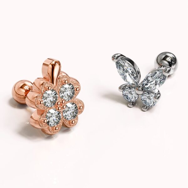 Solid 925 Sterling Silver Mismatch Butterfly Clover Zirconias Cartilage Earrings - Image 2