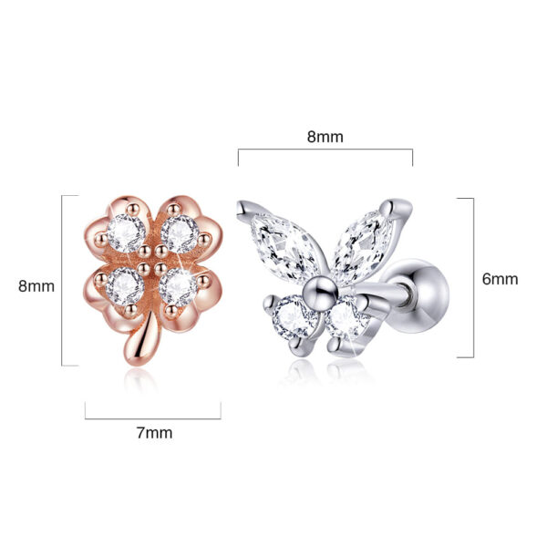Solid 925 Sterling Silver Mismatch Butterfly Clover Zirconias Cartilage Earrings - Image 6