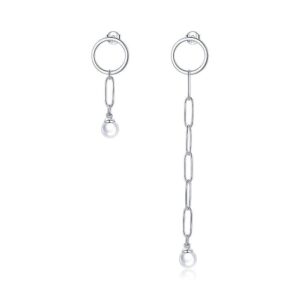 Solid 925 Sterling Silver Asymmetrical Chain Shell Pearl Drop Earrings