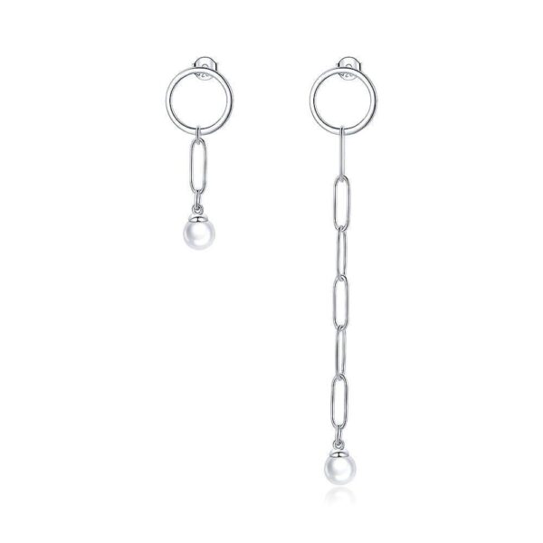 Solid 925 Sterling Silver Asymmetrical Chain Shell Pearl Drop Earrings