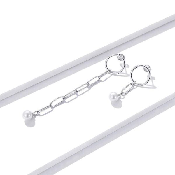 Solid 925 Sterling Silver Asymmetrical Chain Shell Pearl Drop Earrings - Image 2