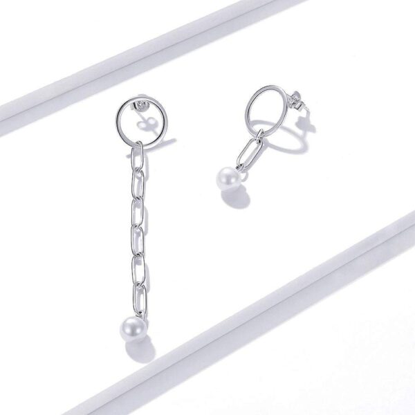 Solid 925 Sterling Silver Asymmetrical Chain Shell Pearl Drop Earrings - Image 3