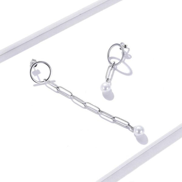 Solid 925 Sterling Silver Asymmetrical Chain Shell Pearl Drop Earrings - Image 4