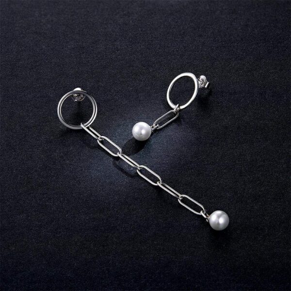 Solid 925 Sterling Silver Asymmetrical Chain Shell Pearl Drop Earrings - Image 5