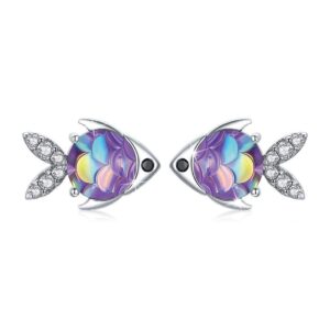 Solid 925 Sterling Silver 3D Fish Gradient Purple Stud Earrings