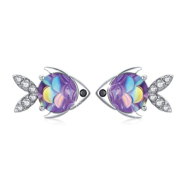 Solid 925 Sterling Silver 3D Fish Gradient Purple Stud Earrings