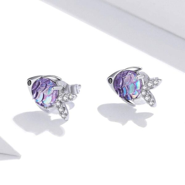 Solid 925 Sterling Silver 3D Fish Gradient Purple Stud Earrings - Image 2