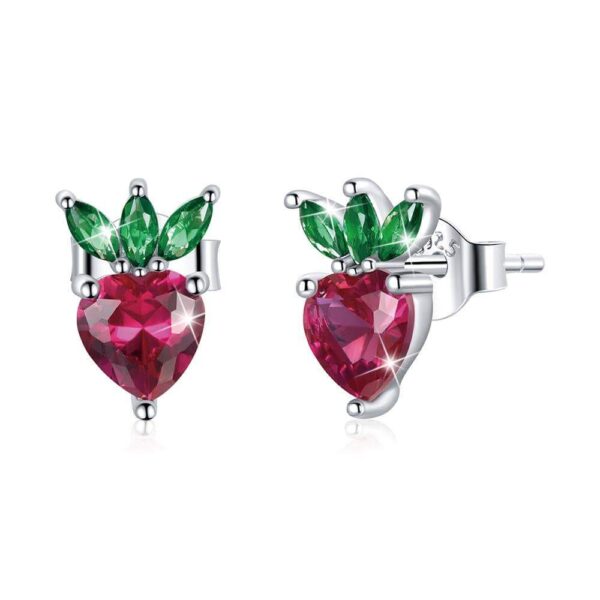 Solid 925 Sterling Silver Strawberry Cubic Zirconia Stud Earrings