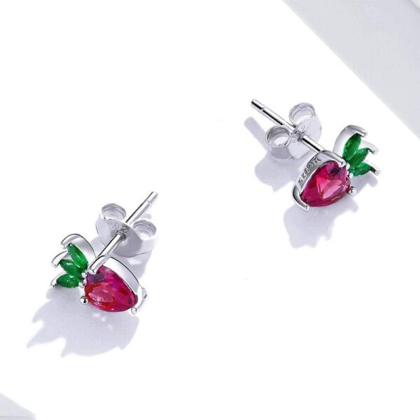 Solid 925 Sterling Silver Strawberry Cubic Zirconia Stud Earrings - Image 3