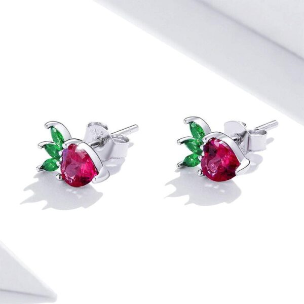 Solid 925 Sterling Silver Strawberry Cubic Zirconia Stud Earrings - Image 4