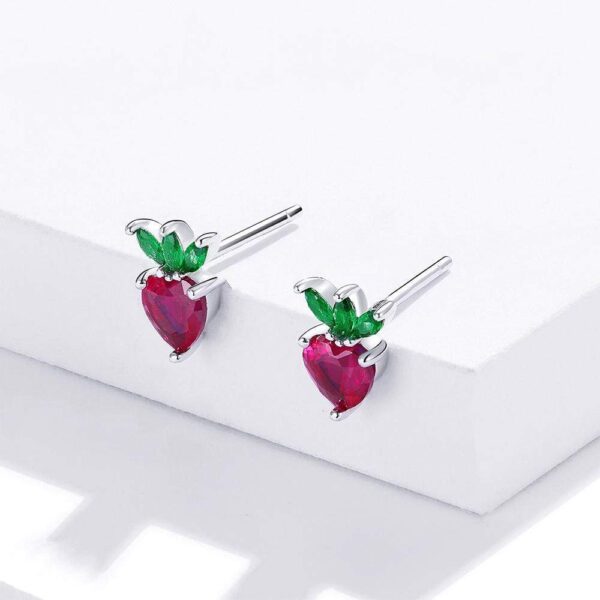 Solid 925 Sterling Silver Strawberry Cubic Zirconia Stud Earrings - Image 5