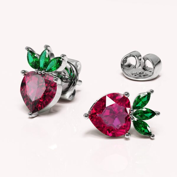 Solid 925 Sterling Silver Strawberry Cubic Zirconia Stud Earrings - Image 2