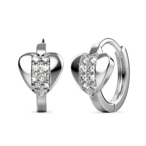 Solid 925 Sterling Silver Cubic Zirconia Middle Paved Heart Shaped Hoop Earrings