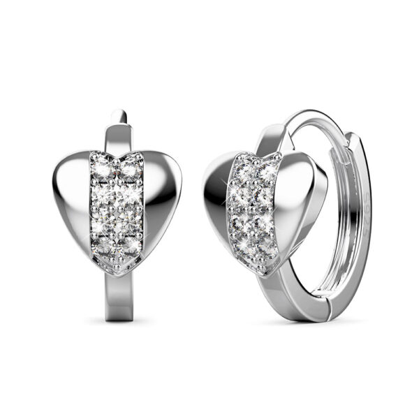 Solid 925 Sterling Silver Cubic Zirconia Middle Paved Heart Shaped Hoop Earrings