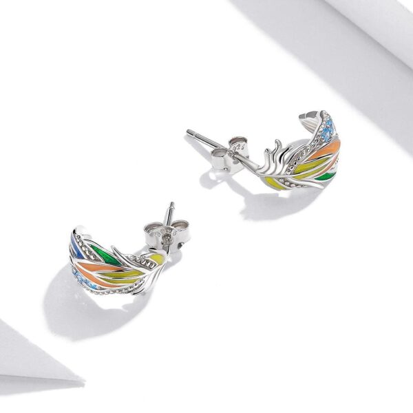 Solid 925 Sterling Silver Colourful Style Feather Stud Earrings - Image 2