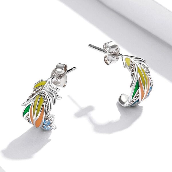 Solid 925 Sterling Silver Colourful Style Feather Stud Earrings - Image 3