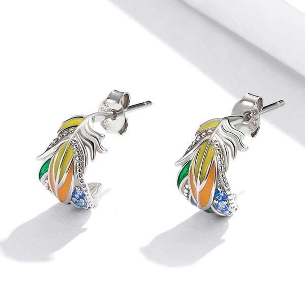 Solid 925 Sterling Silver Colourful Style Feather Stud Earrings - Image 4