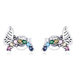 Solid 925 Sterling Silver Multicoloured Butterfly Stud Earrings