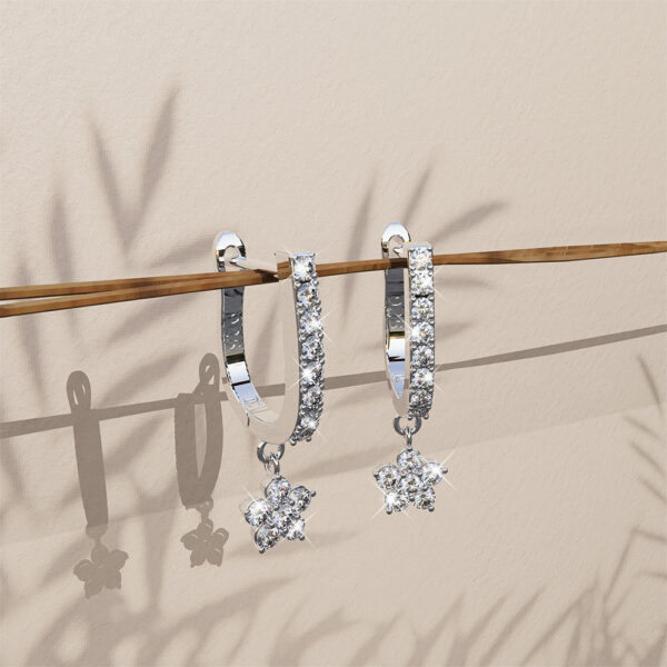Solid 925 Sterling Silver Floret Zircon Huggie Earrings Silver - Image 3