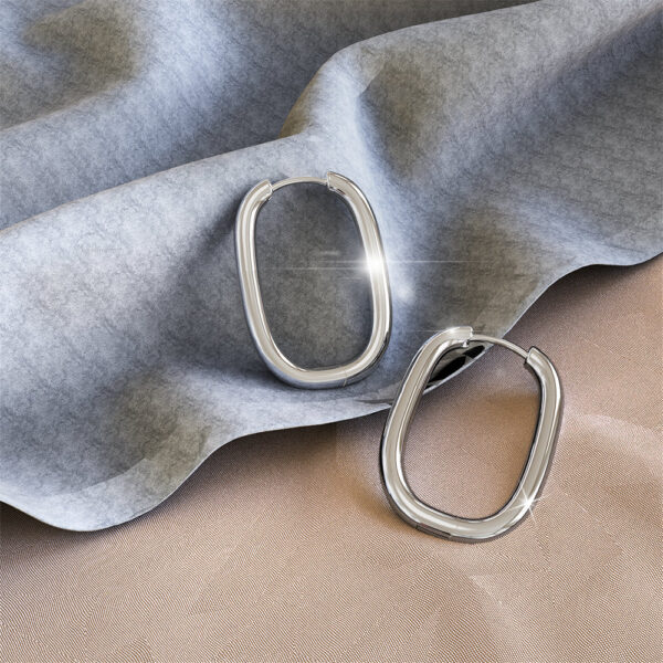 Solid 925 Sterling Silver Social Oval Huggie Earrings - Image 2