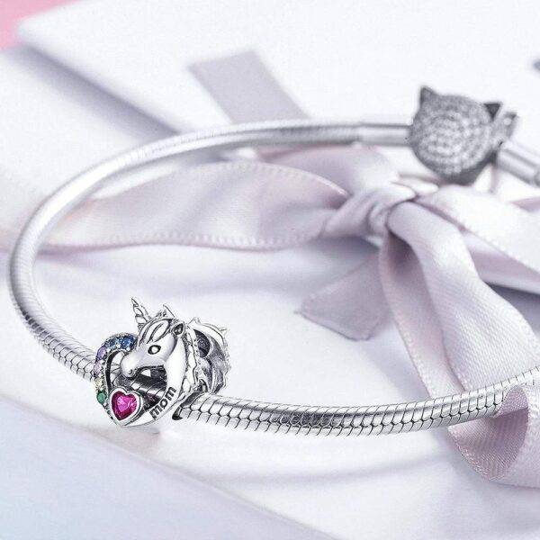 Solid 925 Sterling Silver Mom Inscription Unicorn Multicoloured CZ Charm - Image 2