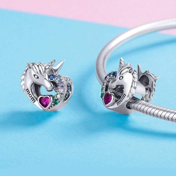 Solid 925 Sterling Silver Mom Inscription Unicorn Multicoloured CZ Charm - Image 3