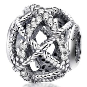 Solid 925 Sterling Silver Twisted Rope CZ Round Charm