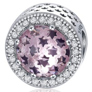 Solid 925 Sterling Silver Pink Mystic Stars CZ Charm