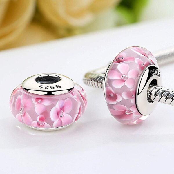 Solid 925 Sterling Silver Peach Blossom Inclusion Murano Glass Charm - Image 2