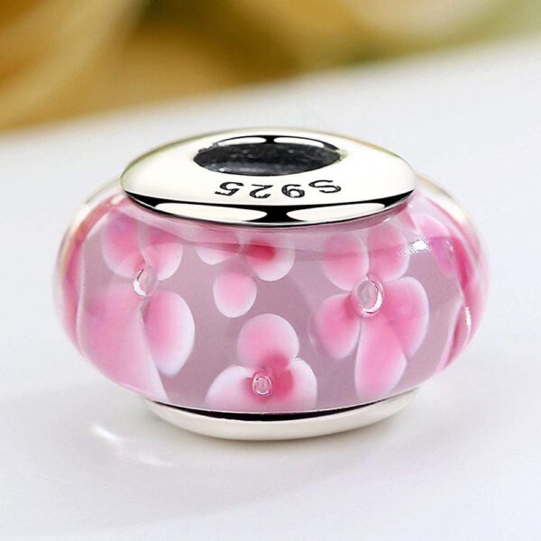 Solid 925 Sterling Silver Peach Blossom Inclusion Murano Glass Charm - Image 3