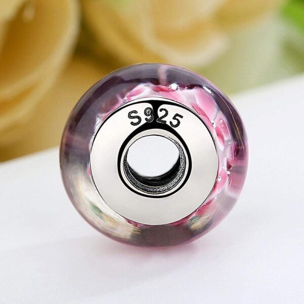 Solid 925 Sterling Silver Peach Blossom Inclusion Murano Glass Charm - Image 4