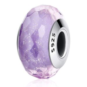 Solid 925 Sterling Silver Pale Purple Stardust Murano Glass Charm