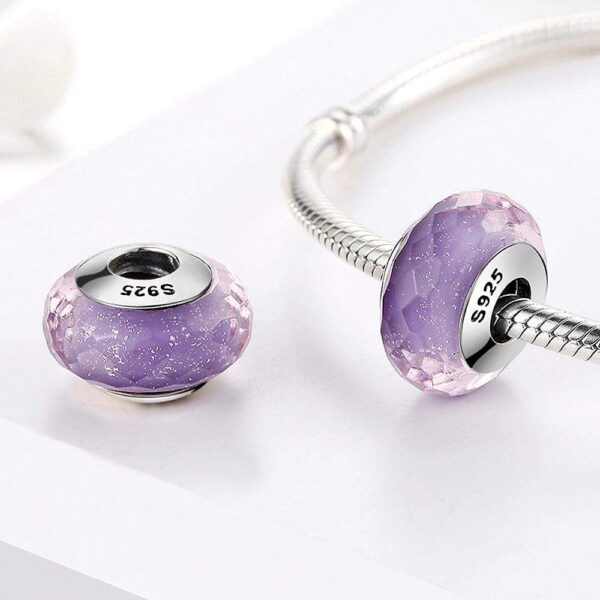 Solid 925 Sterling Silver Pale Purple Stardust Murano Glass Charm - Image 2