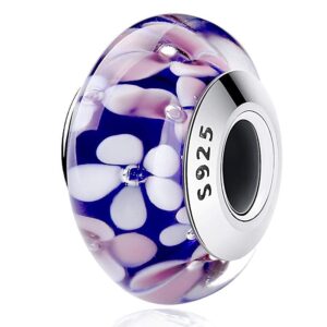 Solid 925 Sterling Silver Pink and White Blossom Inclusion Murano Glass Charm